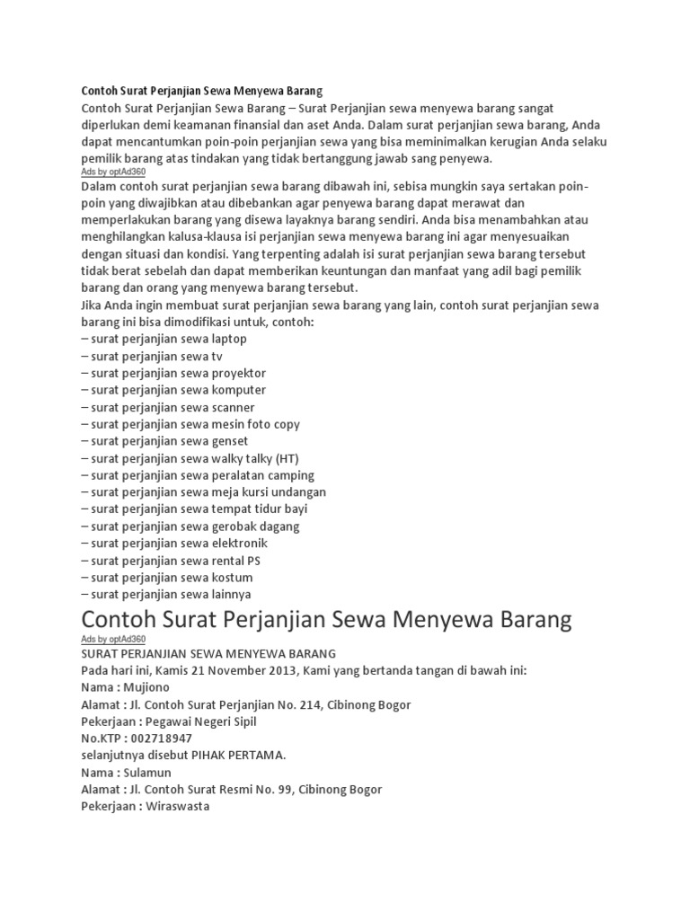 Contoh Surat Perjanjian Sewa Menyewa Barang Pdf