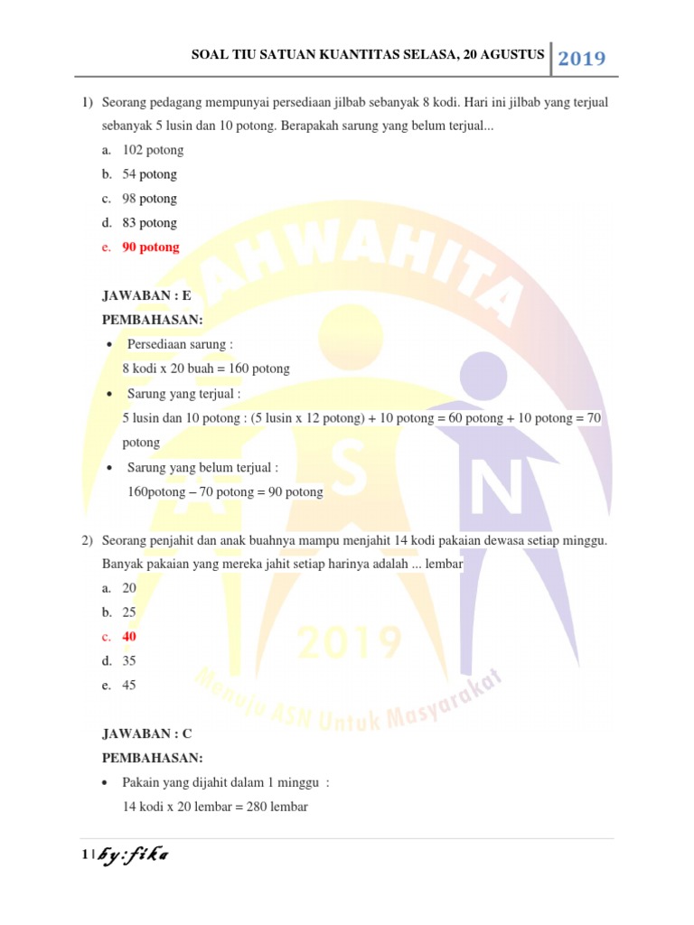 Soal Satuan Kuantitas Fika