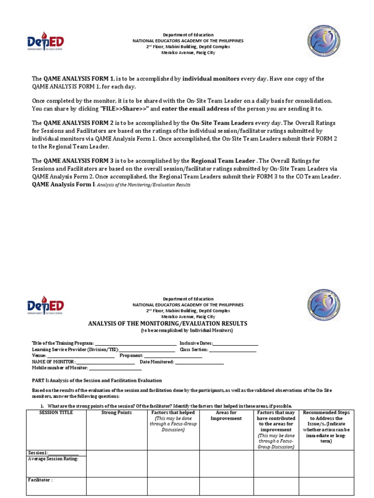 QAME Analysis Forms for Training Evaluation | PDF | Program Evaluation ...