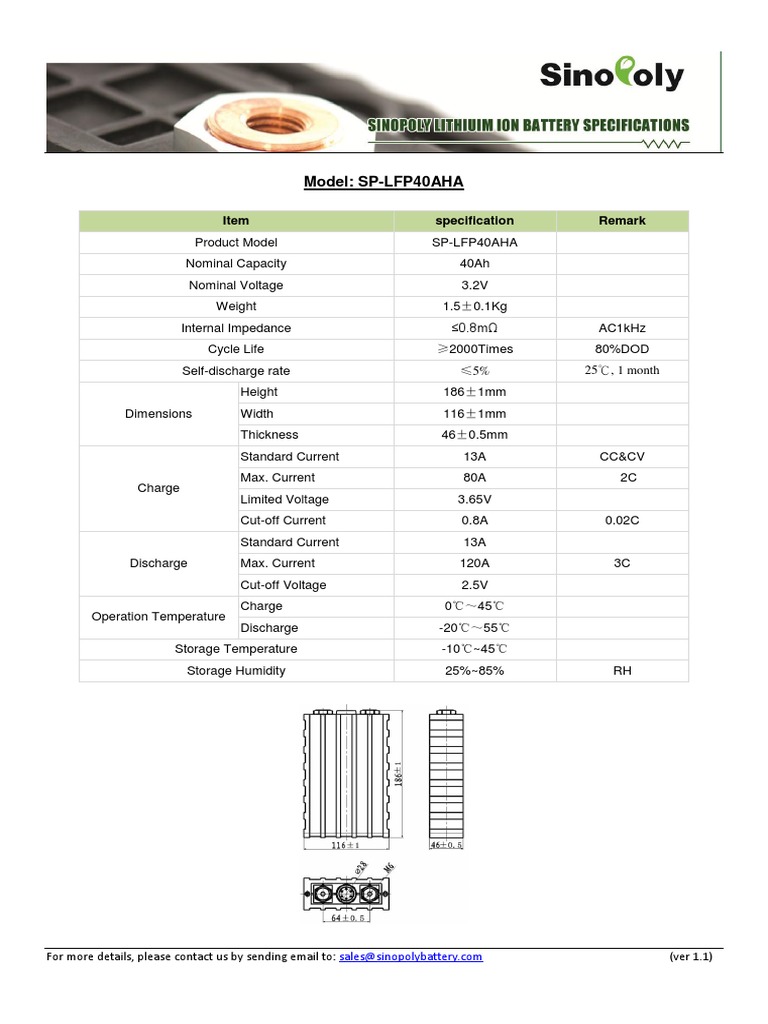 SP-LFP40AHA Lithium Battery Specs | PDF