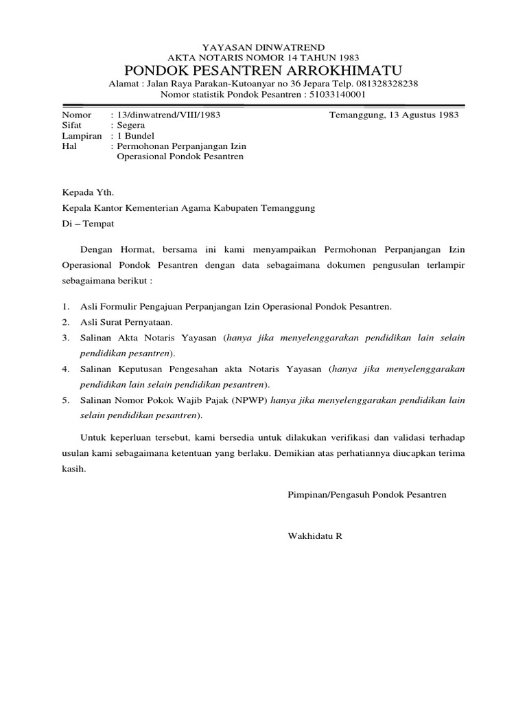 Contoh Surat Izin Operasional Yayasan Nusagates
