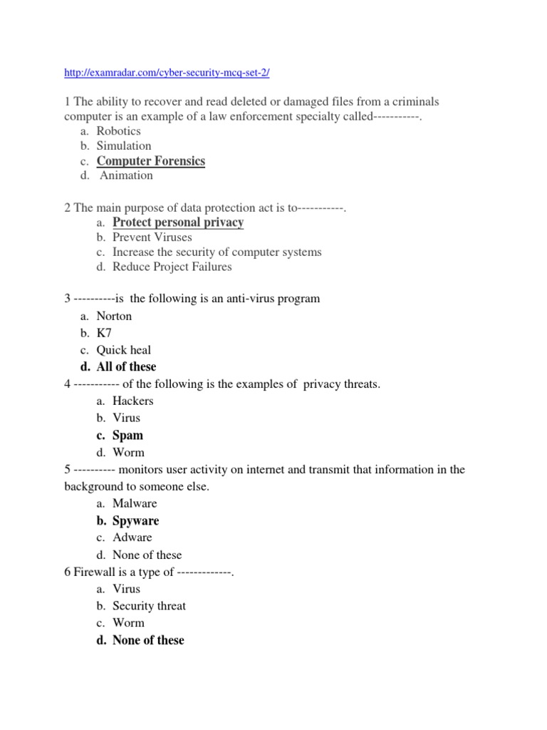 CS MCQ PDF Computer Network Computer Security