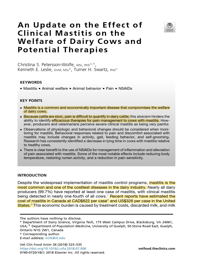 An Update On The Effect of Clinical Mastitis On The Welfare of Dairy Cows and Potential