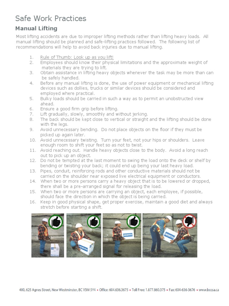 Safe Work Practices Manual Lifting Pdf Travel