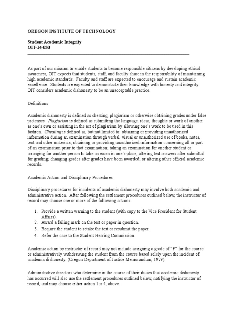 OIT Academic Integrity Policy | PDF | Academic Dishonesty | Academic ...