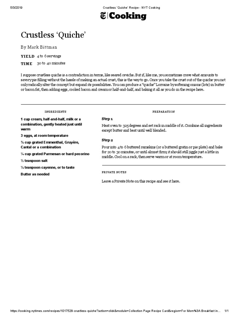 Crustless Quiche' Recipe NYT Cooking PDF