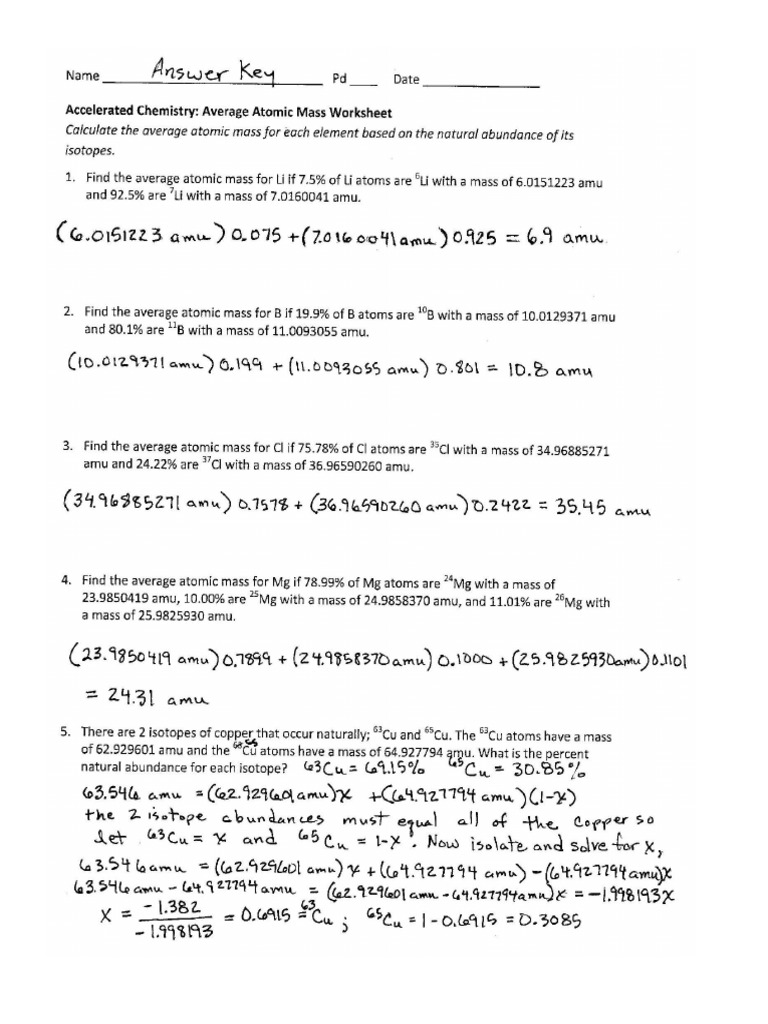 Calculating Average Atomic Mass Worksheet Pdf Answers