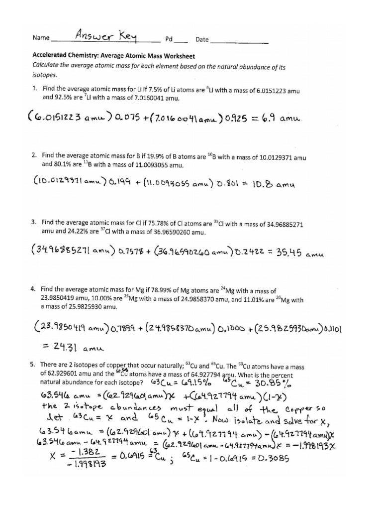 Average Atomic Mass Worksheet Answer Key  PDF Pertaining To Average Atomic Mass Worksheet Answers