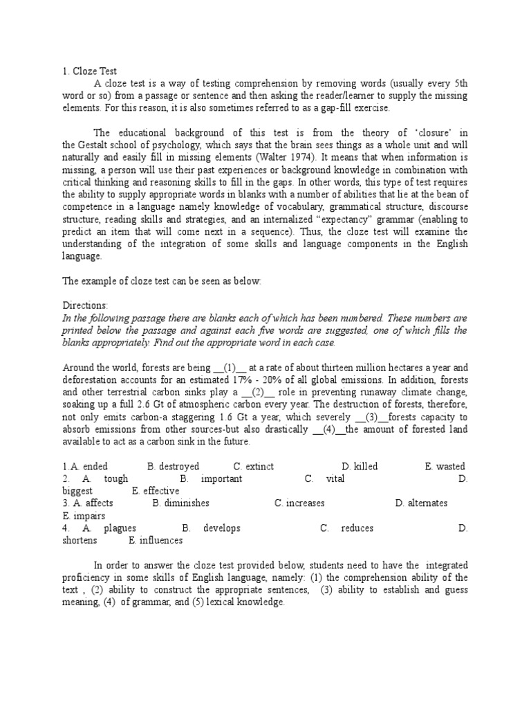 Understanding Cloze and Dictation Tests | PDF | Psychological Concepts ...