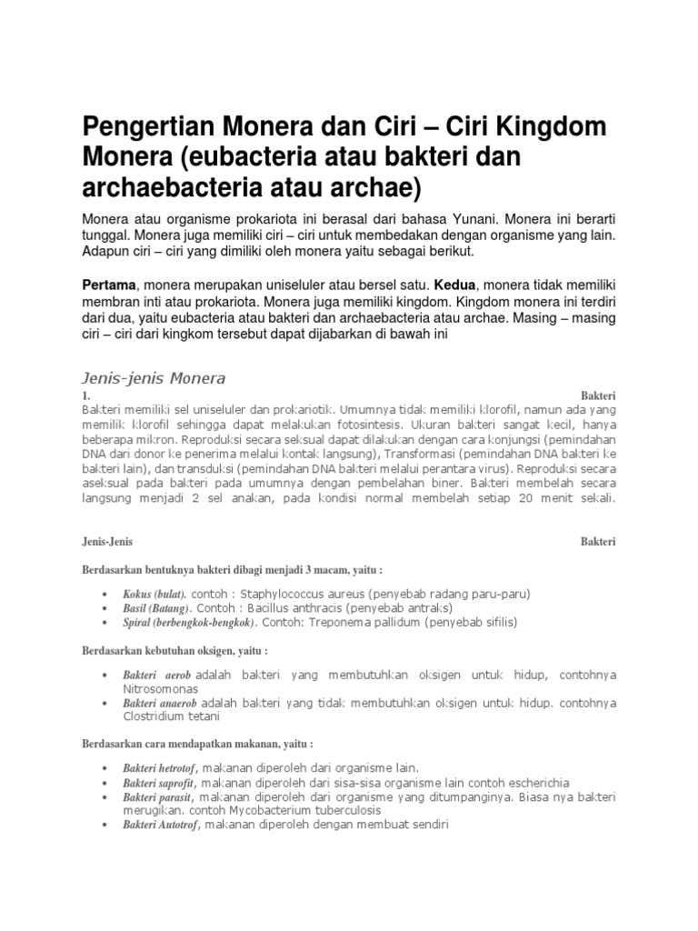 Ciri dan Jenis Kingdom Monera | PDF | Sains & Matematika