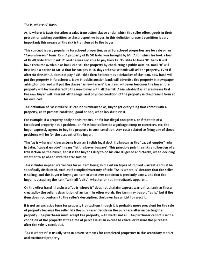 As Is Where Is Basis PDF Implied Warranty Business Law