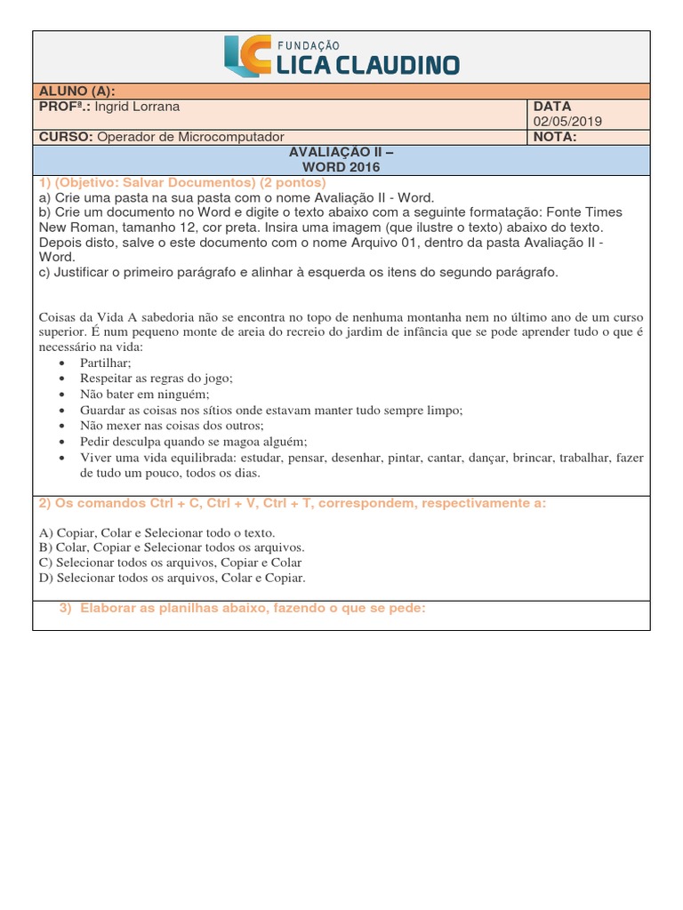 Prova Word Pdf Lazer