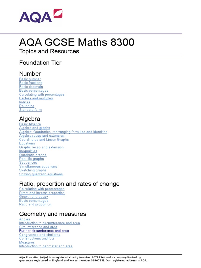 Aqa Gcse Maths 00 Topics And Resources Foundation Tier Number Area Equations