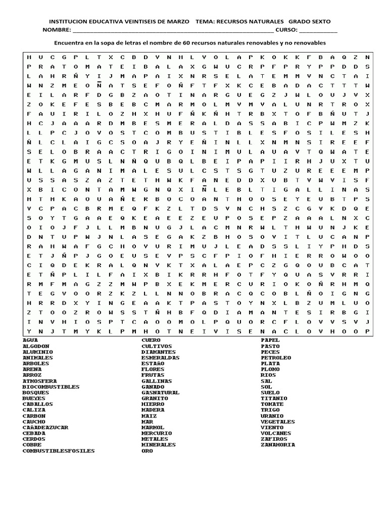 Sopa de Letras Recursos Naturales