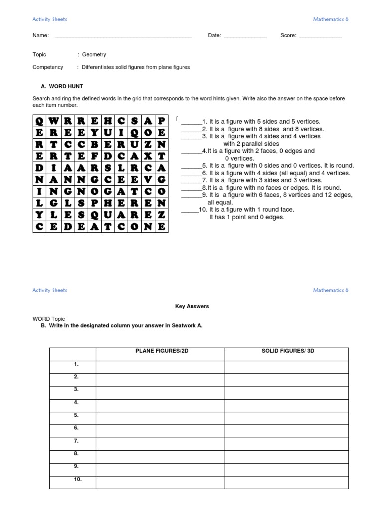 Grade 6 Geometry: Shapes Worksheet | PDF | Plane (Geometry) | Polytopes