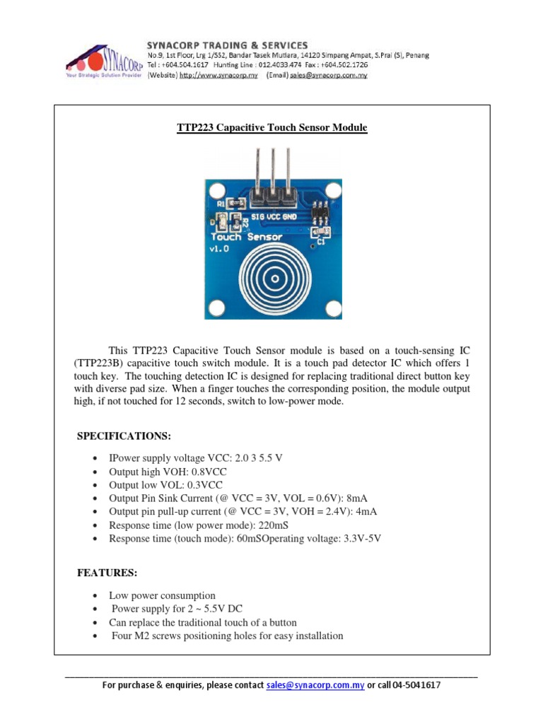 Datasheet TTP223 Capacitive Touch Sensor Module | PDF