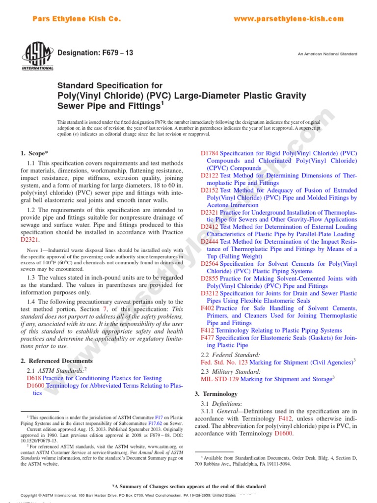 Poly (Vinyl Chloride) (PVC) LargeDiameter Plastic Gravity Sewer Pipe and Fittings PDF
