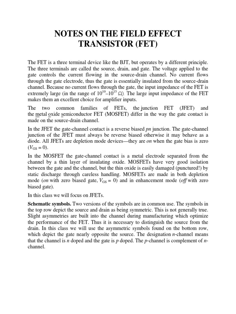 Notes On The Field Effect Transistor (Fet) | PDF | Field Effect ...
