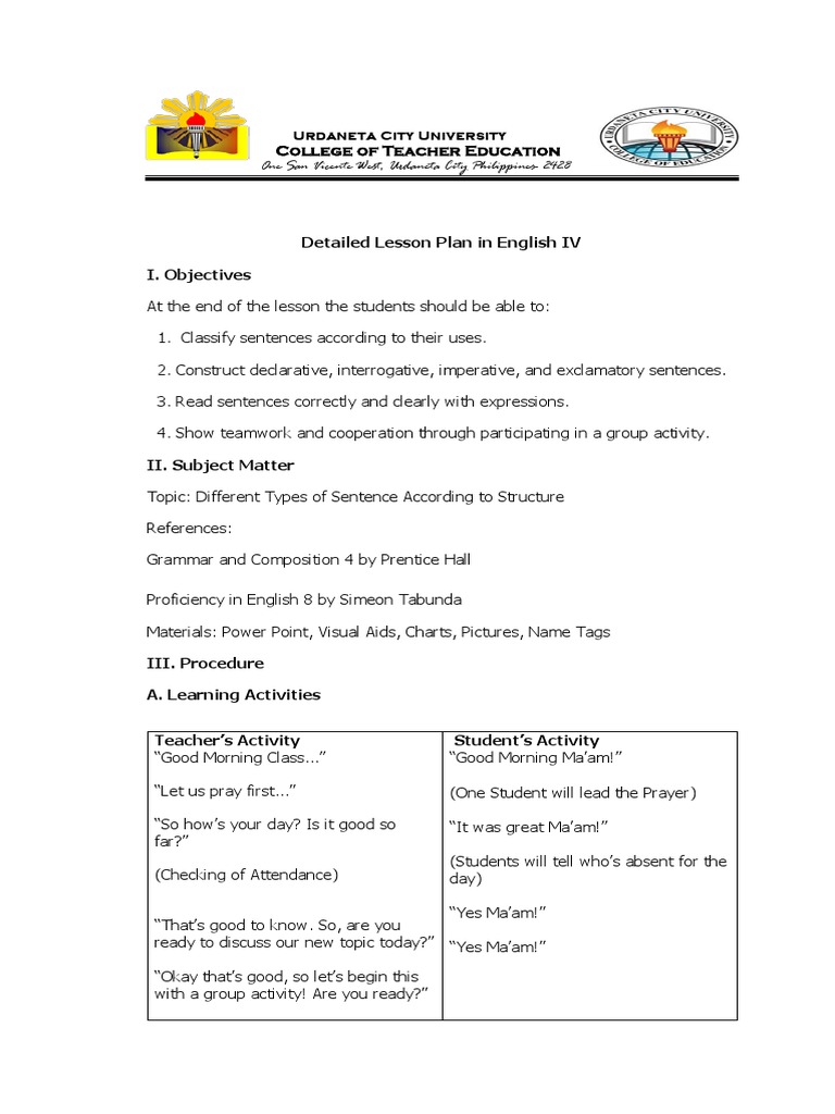 Lesson Plan: Four Types of Sentences | PDF | Question | Sentence ...