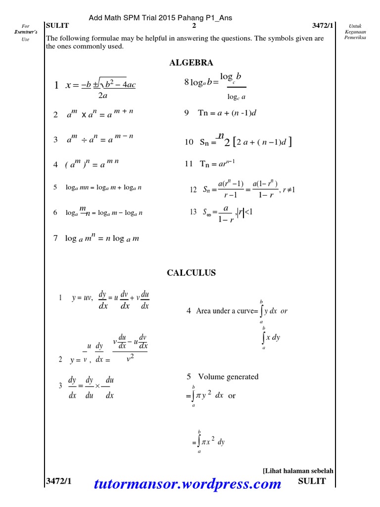 Add Math SPM Trial 2015 Pahang P1 Answers | PDF | Function (Mathematics ...