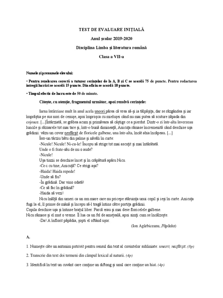 Test de Evaluare Iniţială - VII | PDF