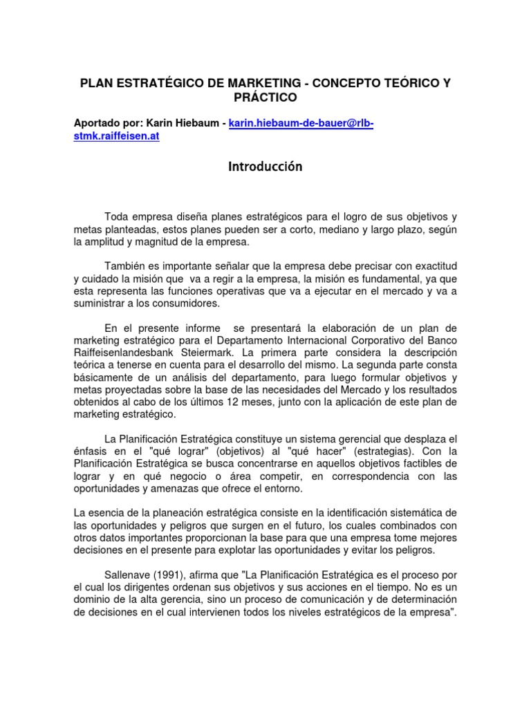 Plan Estrategico de Marketing | PDF | Planificación estratégica | Marketing