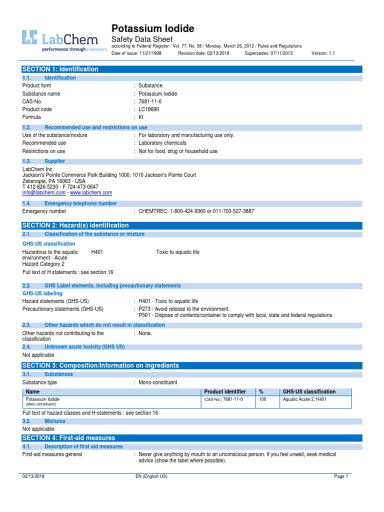 Potassium Iodide Safety Data Sheet PDF Toxicity Firefighting