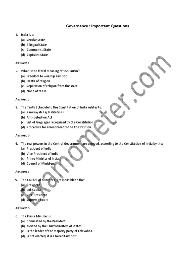 Governance Important Questions | PDF | Government Of India ...