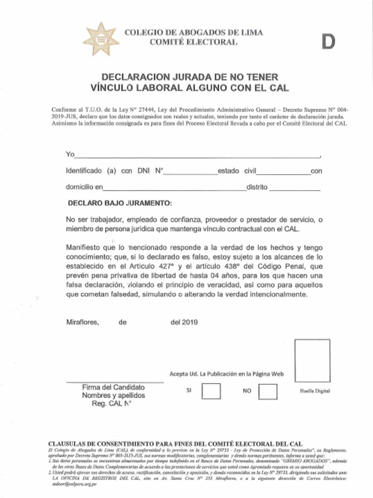 Declaracion Jurada de No Tener Vinculo Laboral Alguno Con El Cal D | PDF