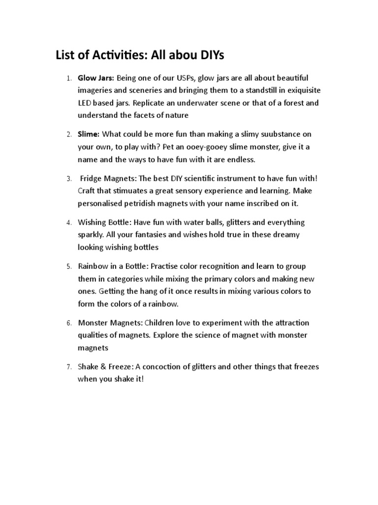 Actitvity List and Description | PDF | Home & Garden | Self-Improvement