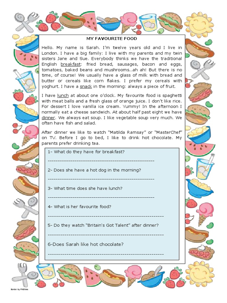 My Favourite Food Reading Comprehension Exercises 107510