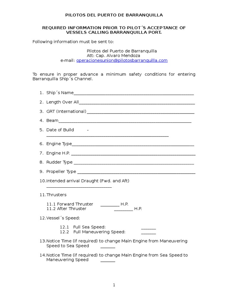 Pilotos Del Puerto de Barranquilla Required Information Prior To Pilot ...