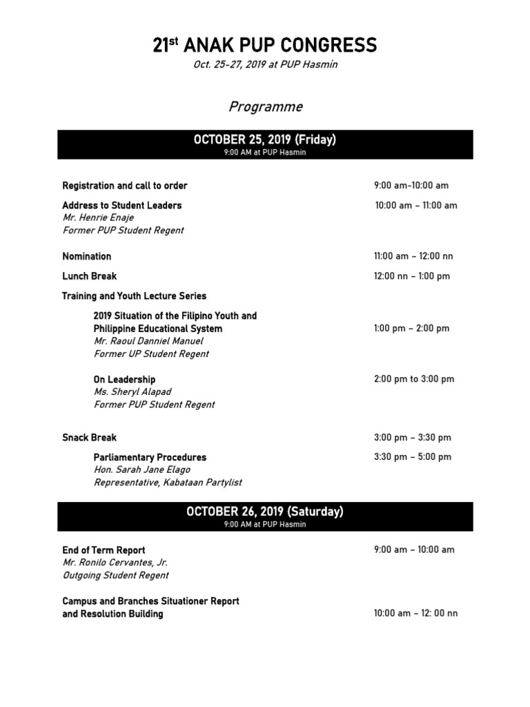21st ANAK PUP Congress Programme | PDF | Philippines