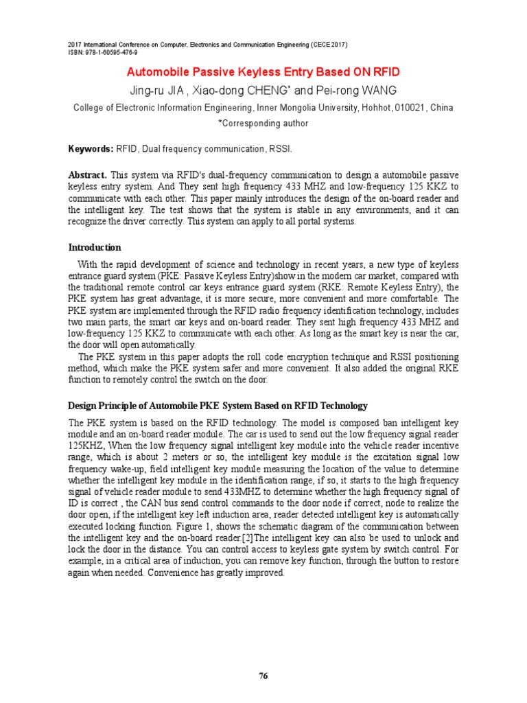Automobile Passive Keyless Entry Based On RFID | PDF | Radio Frequency ...