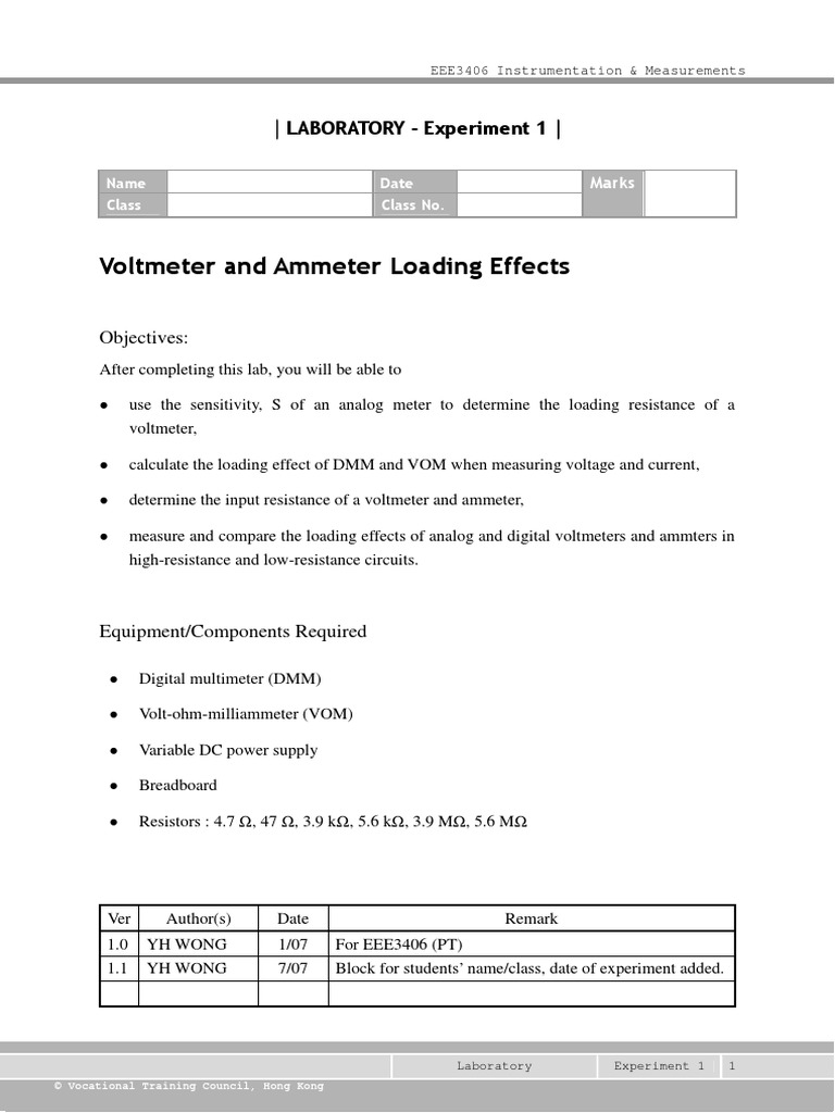 Voltmeter and Ammeter Loading Effects LABORATORY Experiment 1 PDF