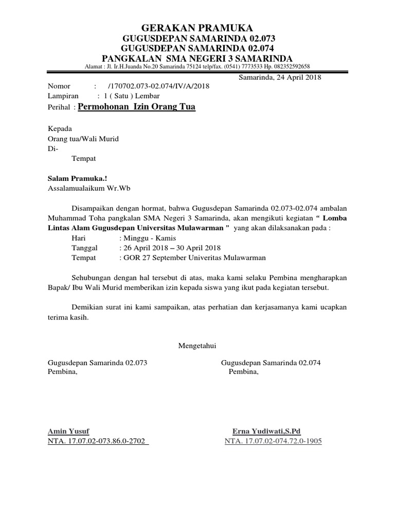 Contoh Surat Izin Orang Tua Mengikuti Kegiatan Rapat Kerja