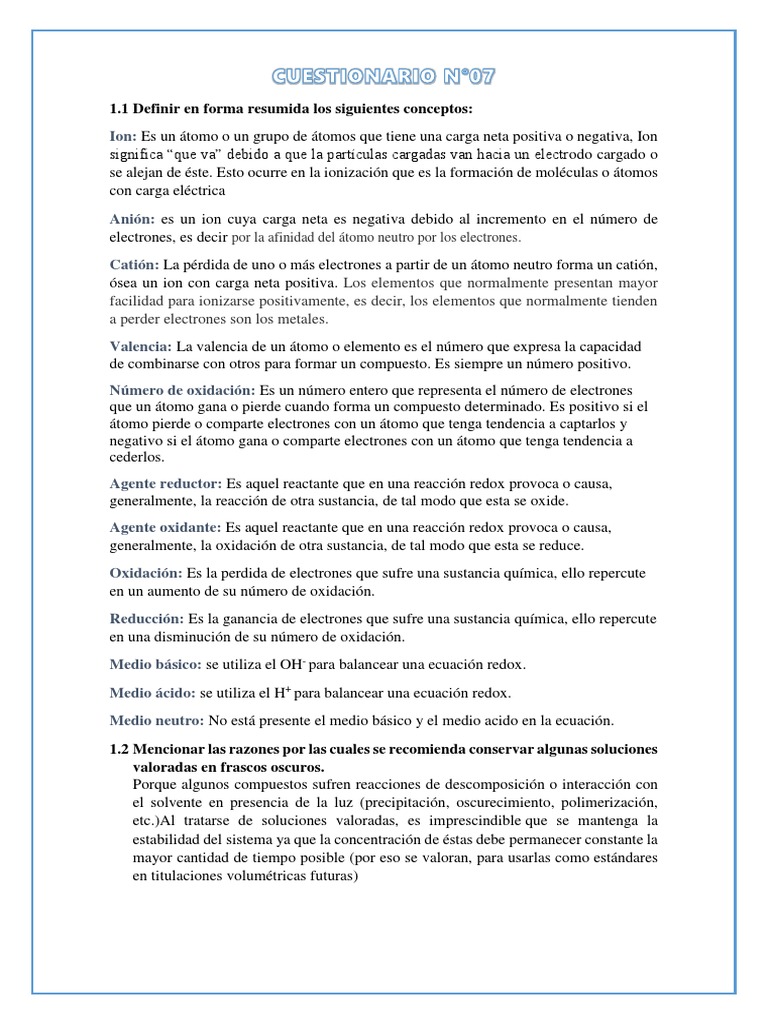 CUESTIONARIO N°7 Lab de Quimica | PDF | Redox | Ion