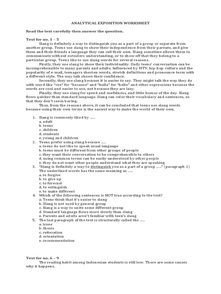Analytical Exposition Worksheet PDF Pest Control Slang