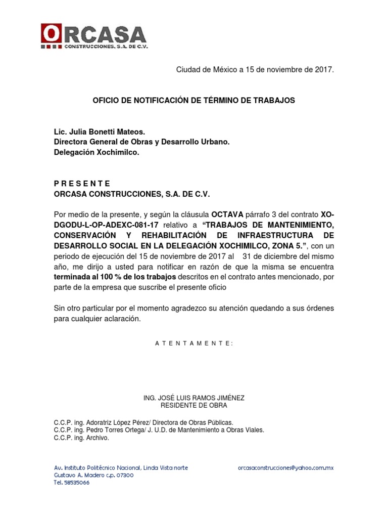 Oficio de Termino de Obra  PDF