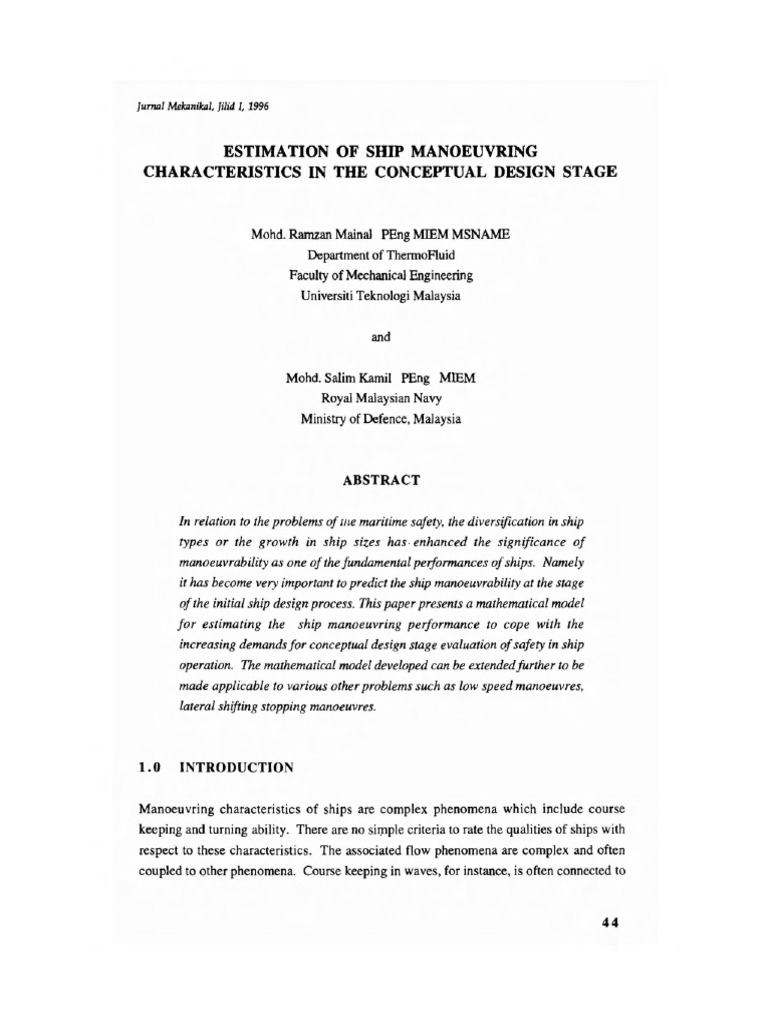 Estimation of Ship Manoeuvring | PDF | Equations | Simulation