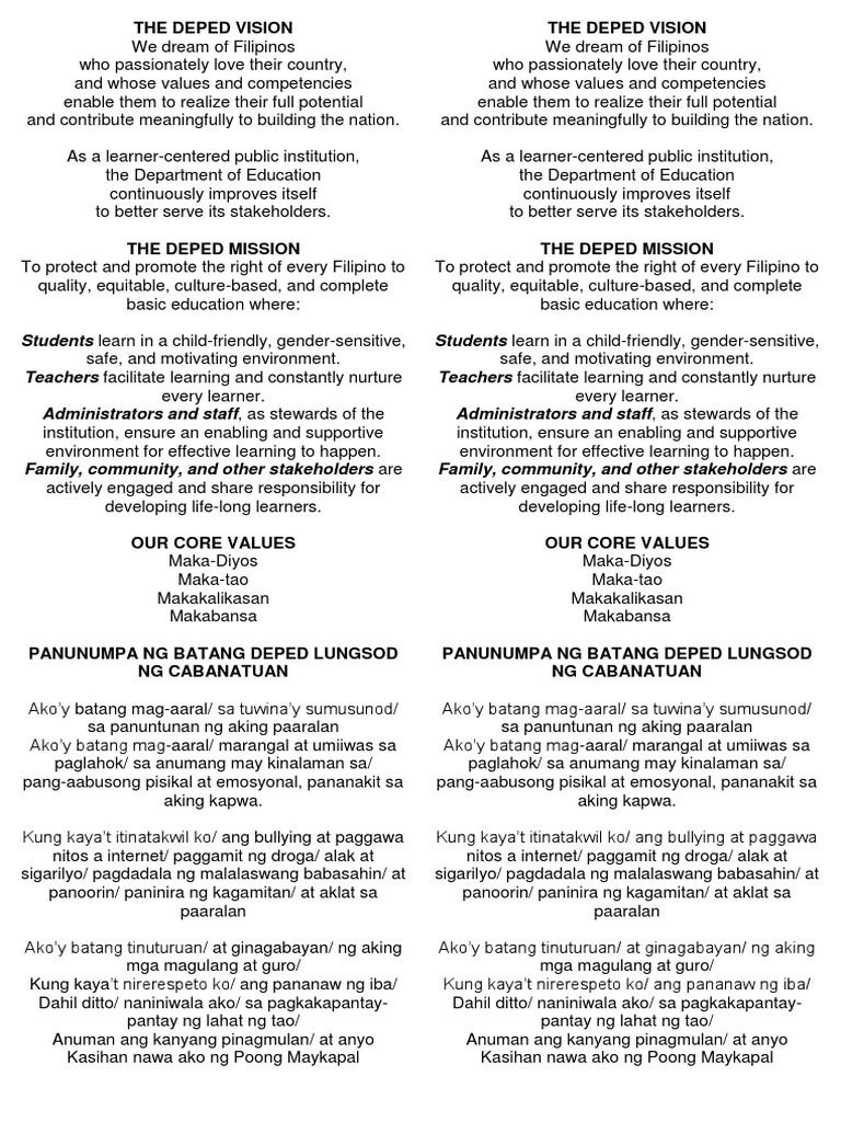 DepEd Mission, Vision, and Values | PDF | Learning | Psychotherapy