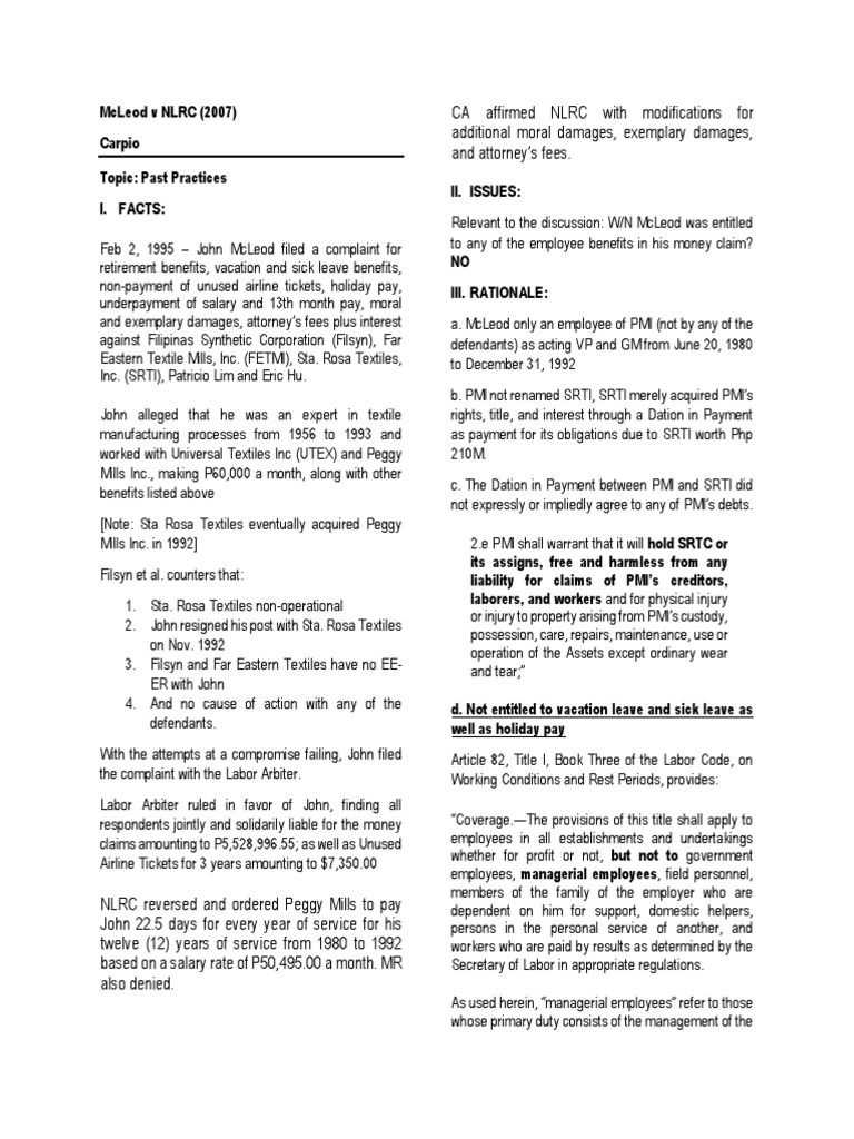 45 McLeod V NLRC (Chua) PDF Employee Benefits Employment