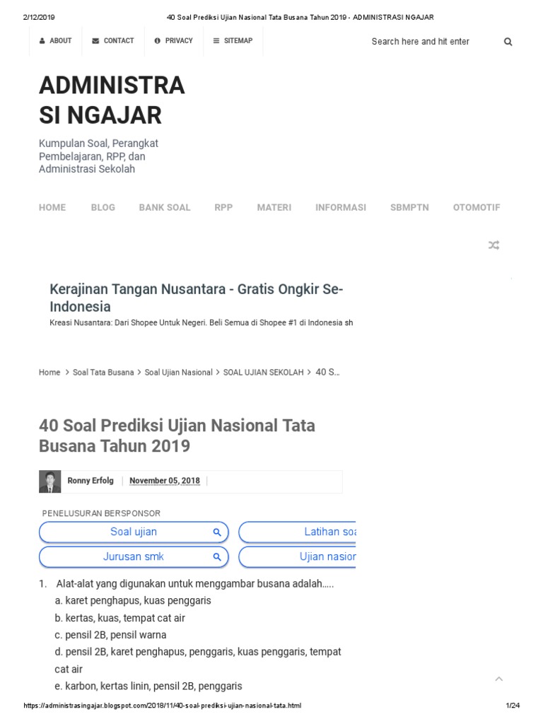40 Soal Prediksi Ujian Nasional Tata Busana Tahun 2019 Administrasi Ngajar Pdf