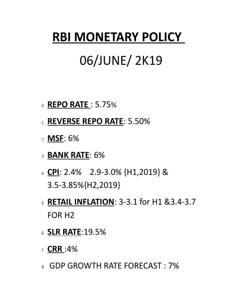 Rbi Monetary Policy 06/JUNE/ 2K19 | PDF | Finance & Money Management ...