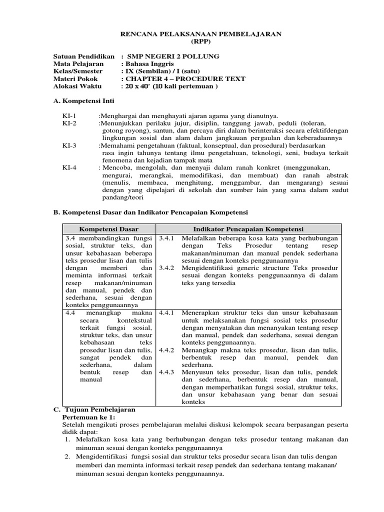 Rpp Bahasa Inggris Kelas 9 Smp Mts Semester 1 Materi Procedure Text