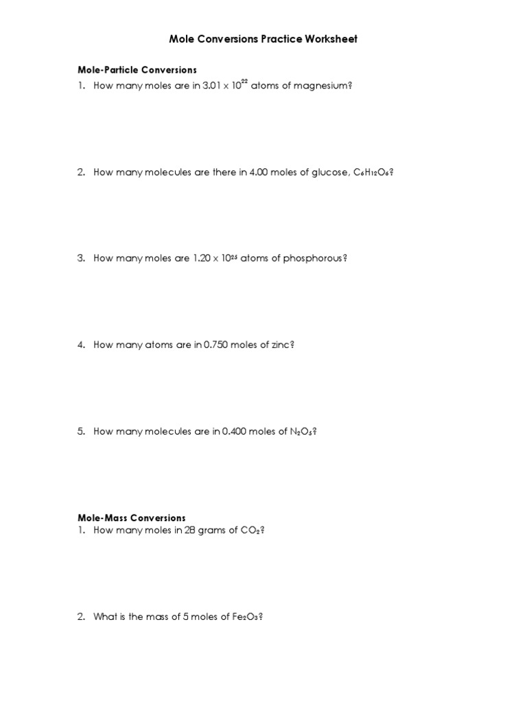 Mole Conversion Classwork