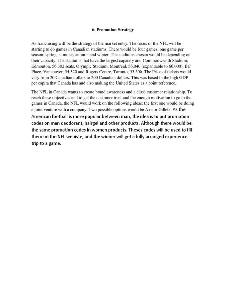 NFL Canada Franchising Promotion Strategy | PDF