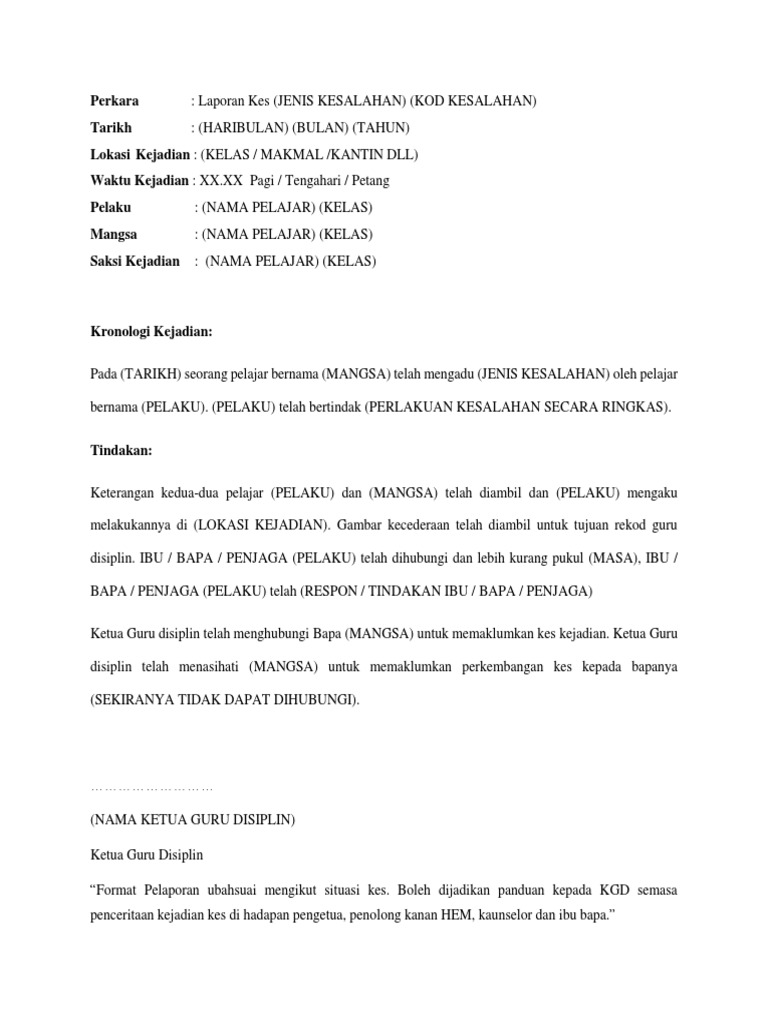 Contoh Laporan Kes Disiplin