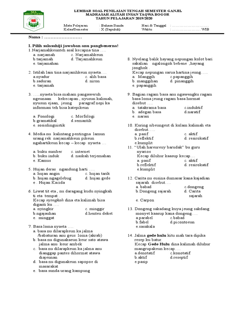 Soal Pts Ganjil Bahasa Sunda X Ma Itb 1920 Doc