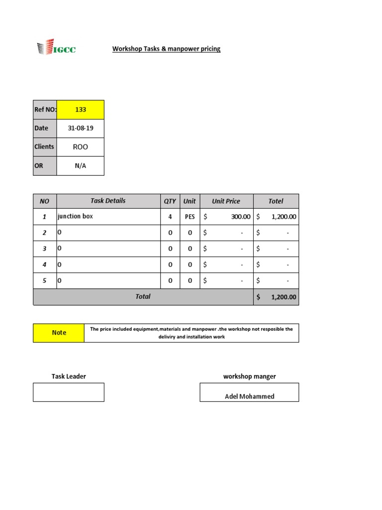 Workshop Tasks & Pricing Breakdown | PDF